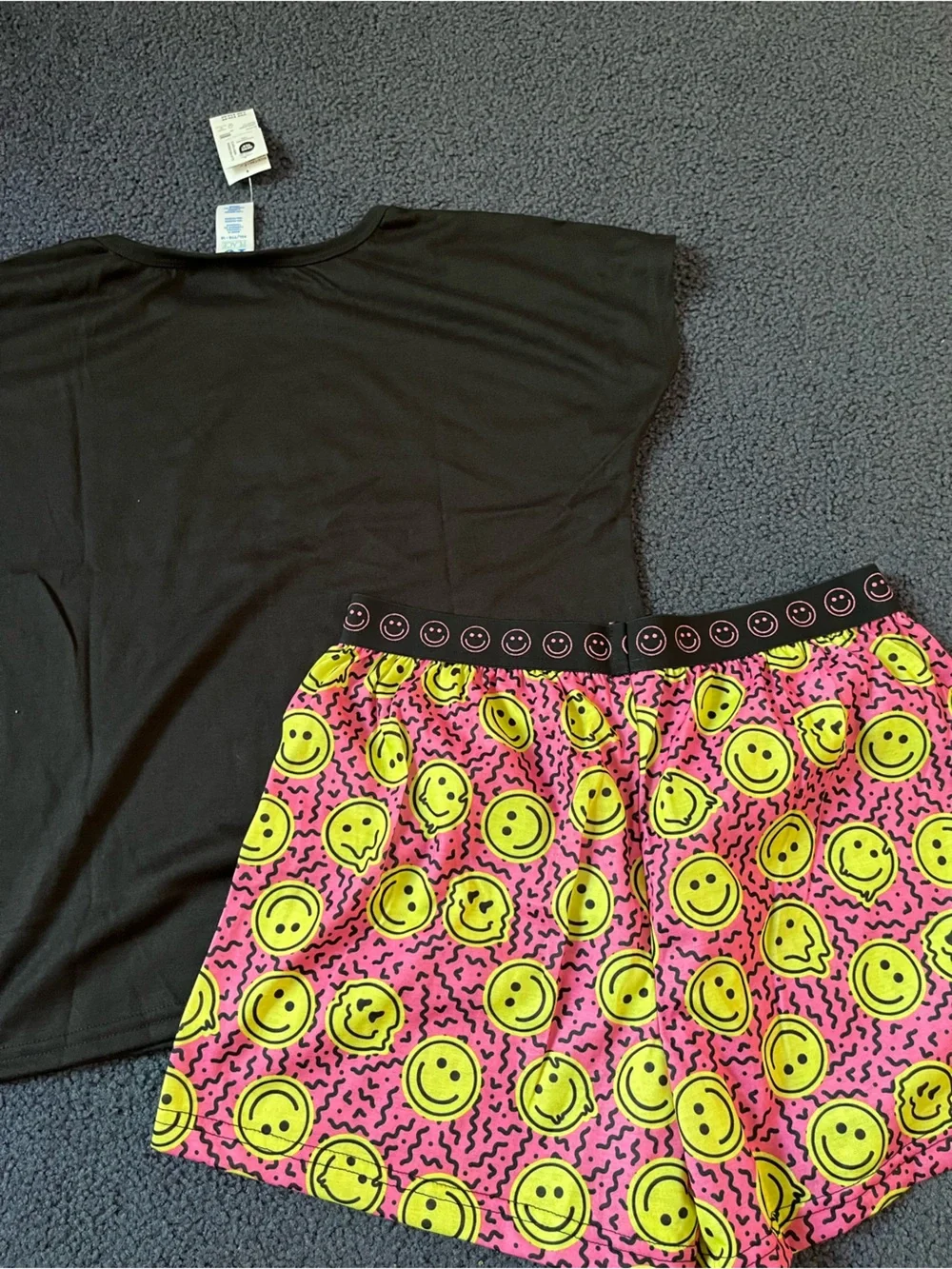 Weekend Vibes Black & Pink Smiley Kids Pajama Set